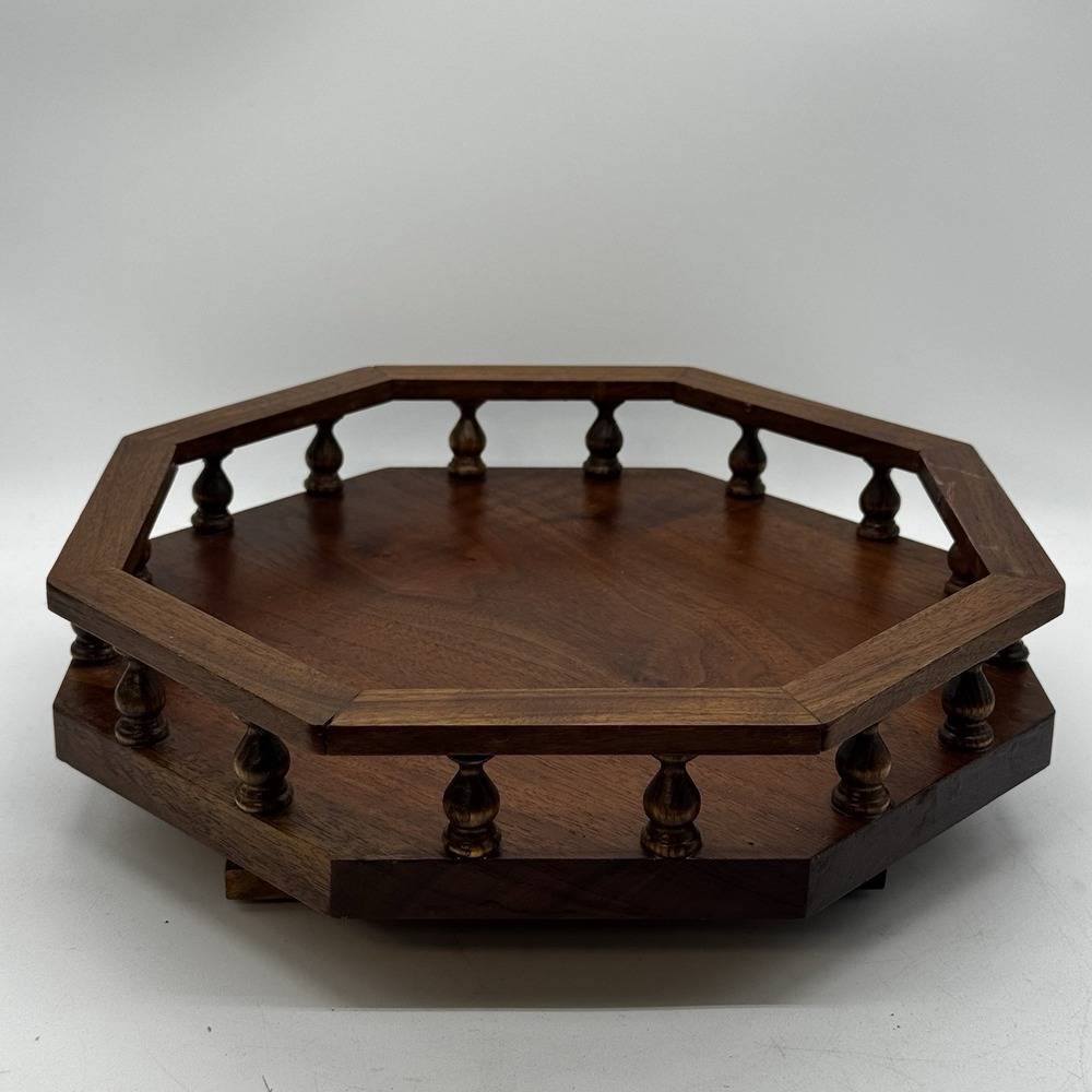 Lazy Susan Wooden Octagon Turntable 10-11" w/ Hardwood Spindles Vintage Cottage